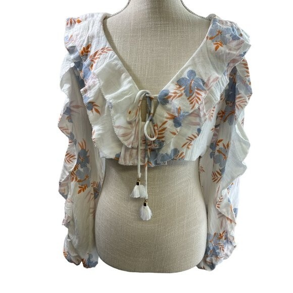 Olivaceous Crop Top Floral Print Long Sleeve Boho Cottagecore Beachy Sz L - Picture 2 of 16